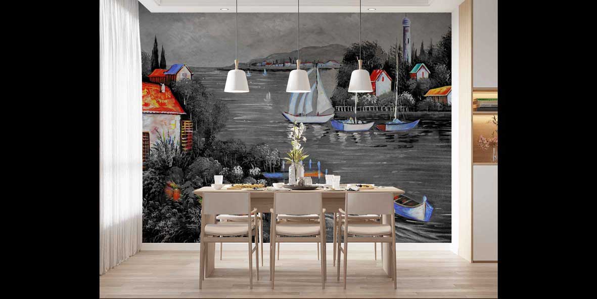 Siyah Beyaz Liman ve Renkli Evler Duvar Kağıdı 4412
