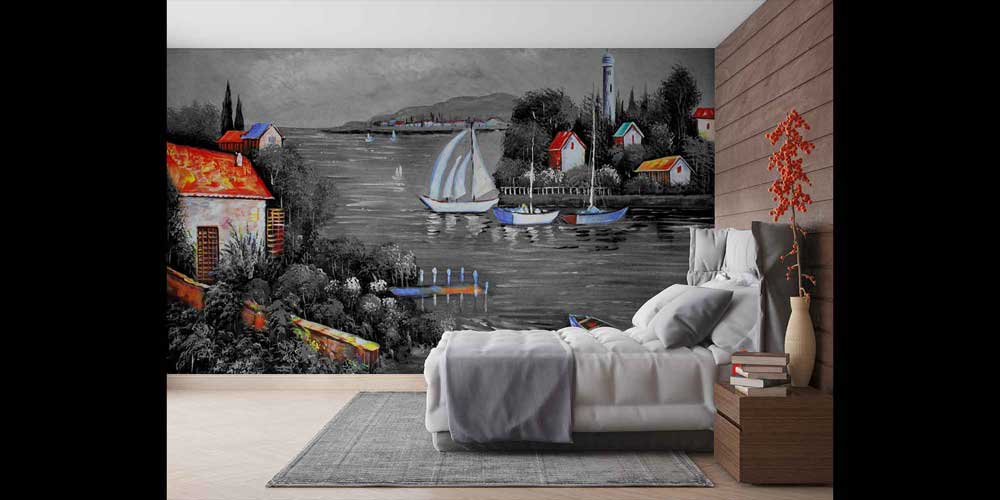 Siyah Beyaz Liman ve Renkli Evler Duvar Kağıdı 4412