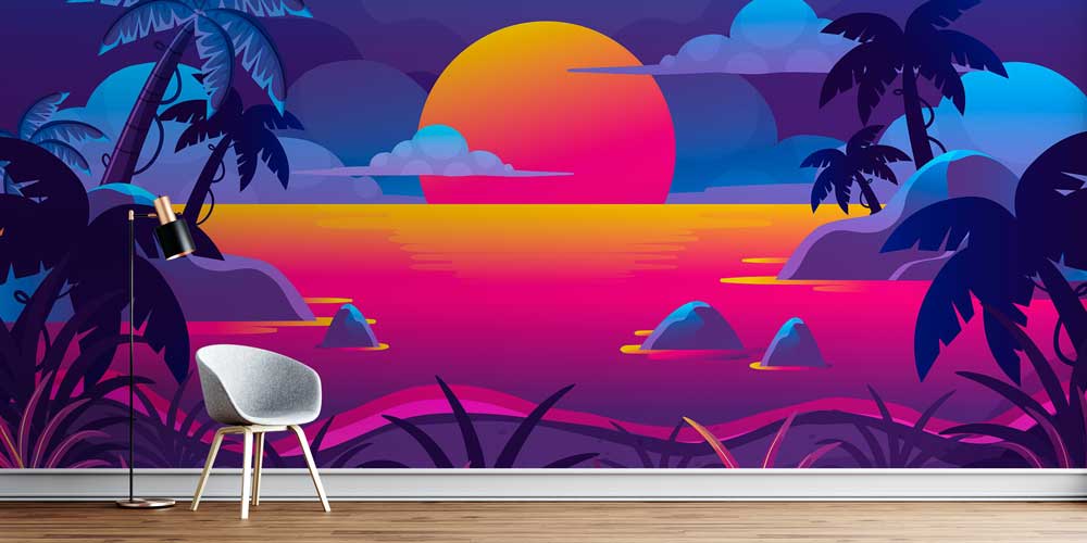 Neon Gün Batımı Tropikal Manzara Duvar Kağıdı 4421