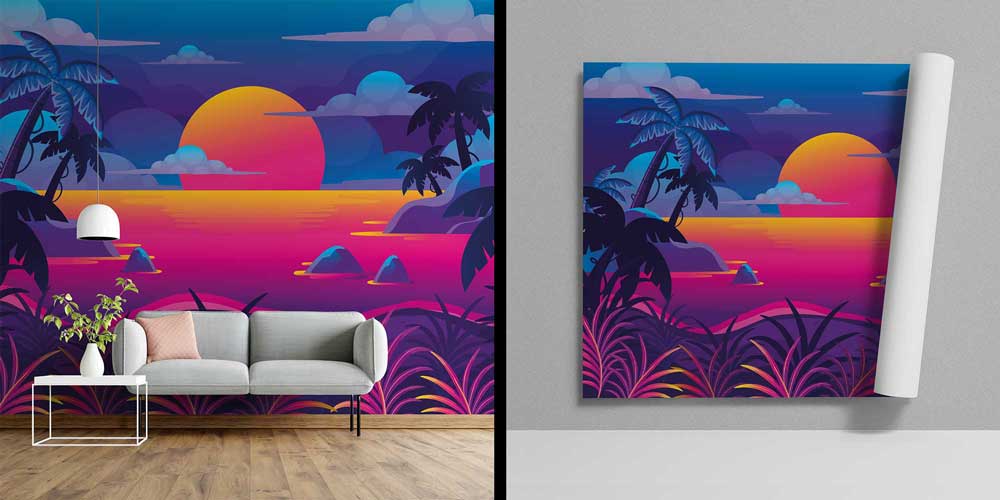 Neon Gün Batımı Tropikal Manzara Duvar Kağıdı 4421
