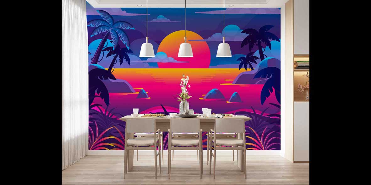 Neon Gün Batımı Tropikal Manzara Duvar Kağıdı 4421