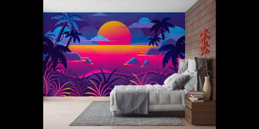 Neon Gün Batımı Tropikal Manzara Duvar Kağıdı 4421