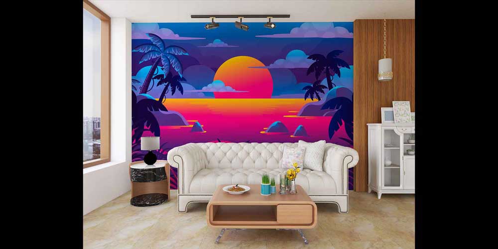 Neon Gün Batımı Tropikal Manzara Duvar Kağıdı 4421