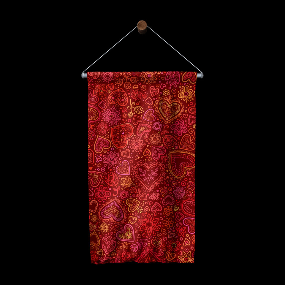 Kırmızı Kalp Desenli Romantik Duvar Flaması 4566