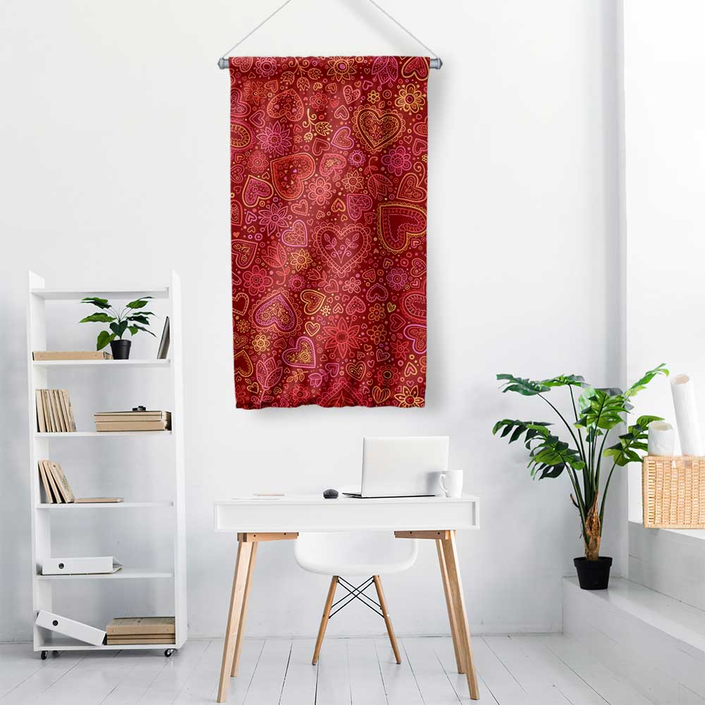 Kırmızı Kalp Desenli Romantik Duvar Flaması 4566