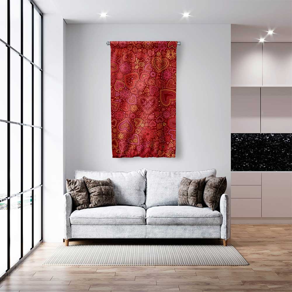 Kırmızı Kalp Desenli Romantik Duvar Flaması 4566