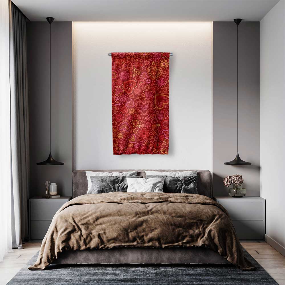 Kırmızı Kalp Desenli Romantik Duvar Flaması 4566