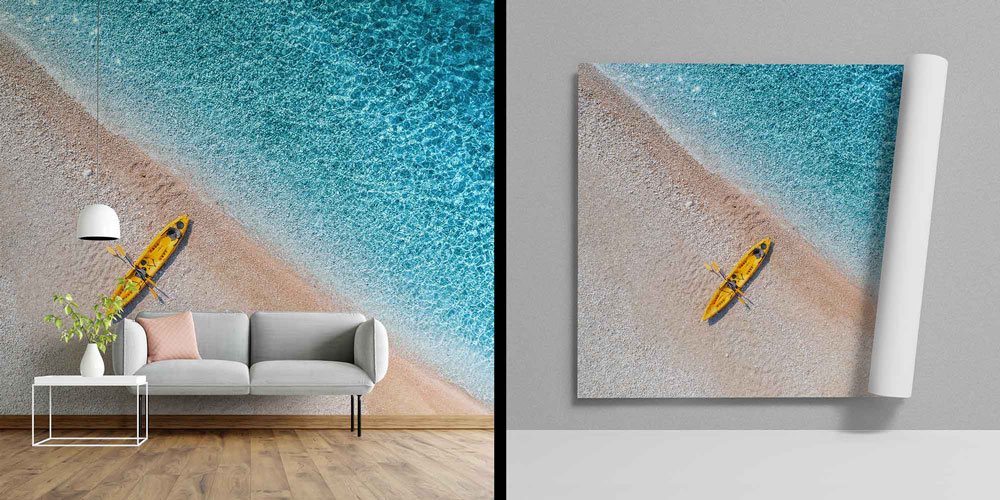 Turkuaz Sahilde Sarı Kano Üstten Görünüm Deniz Temalı Duvar Kağıdı 4599