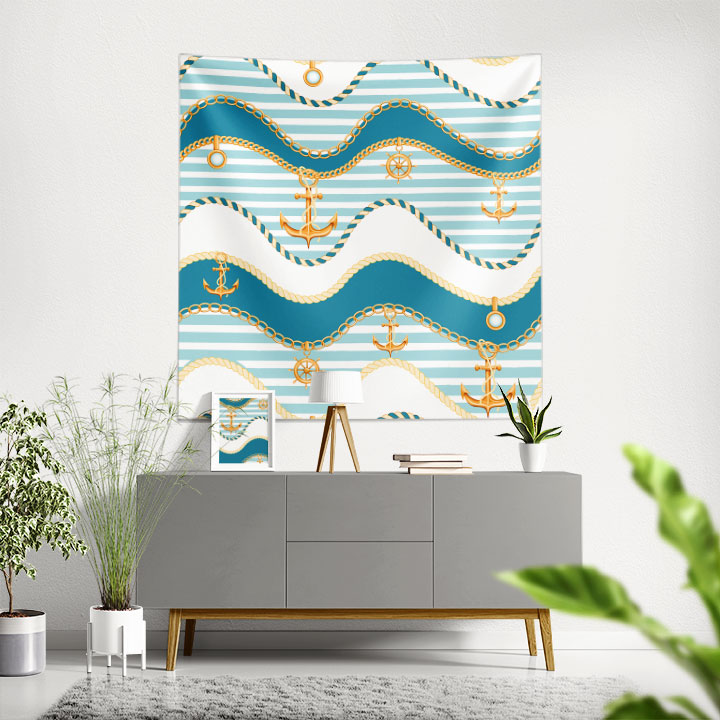 Çapa, Zincir ve Halat Desenli Marin Duvar Örtüsü 4651