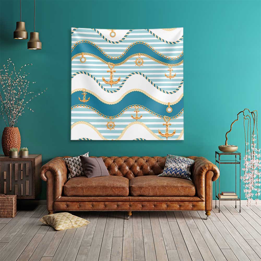 Çapa, Zincir ve Halat Desenli Marin Duvar Örtüsü 4651