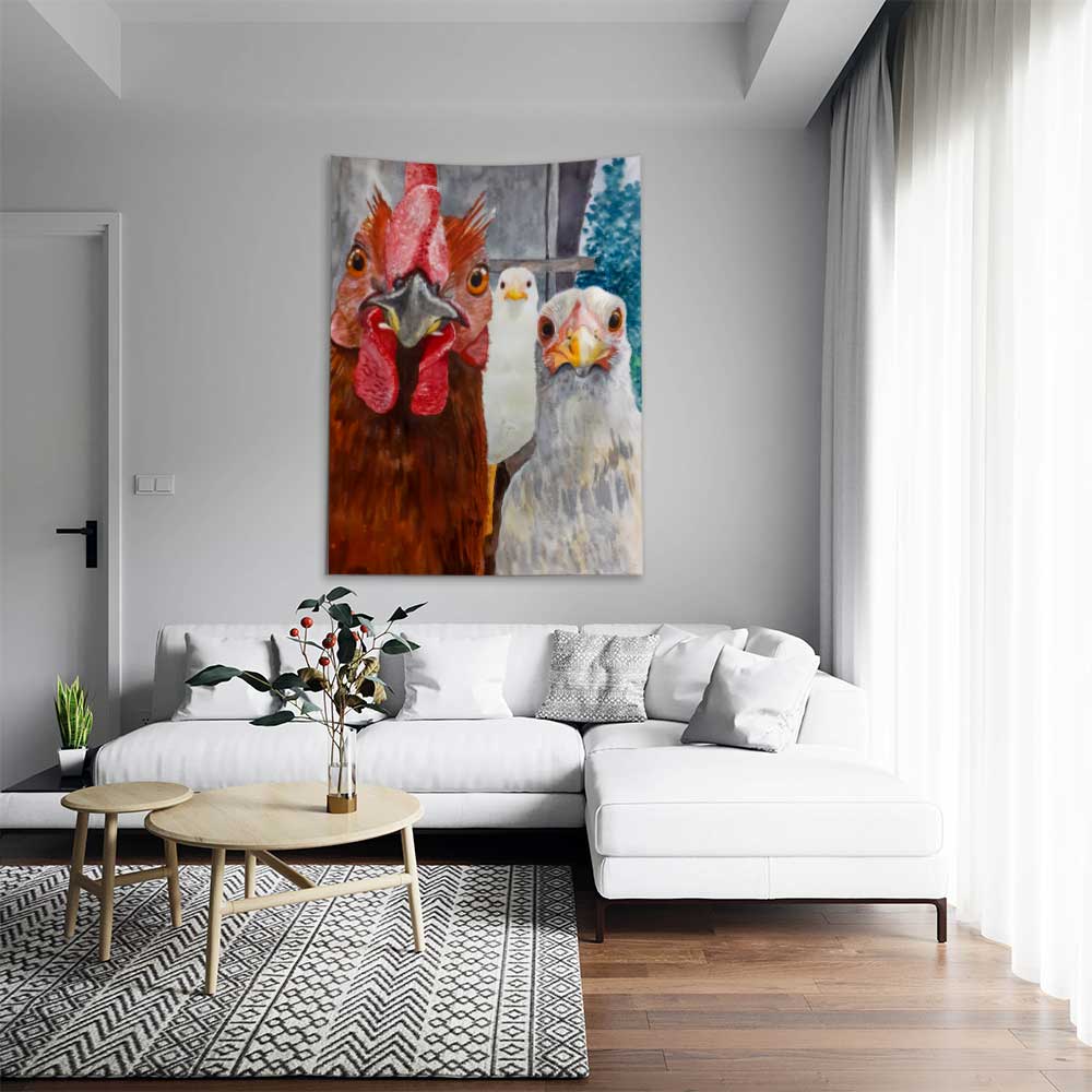 Horoz ve Tavuk Portreli Sanatsal Duvar Örtüsü 4760