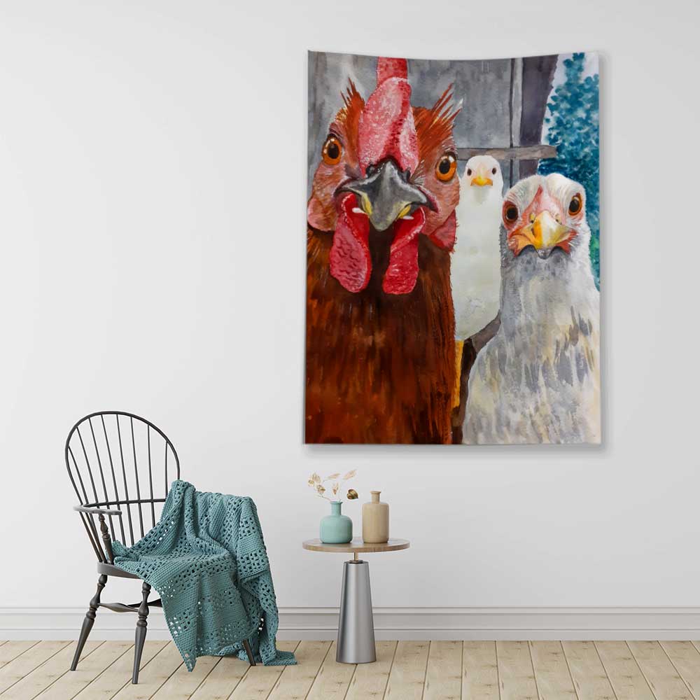 Horoz ve Tavuk Portreli Sanatsal Duvar Örtüsü 4760
