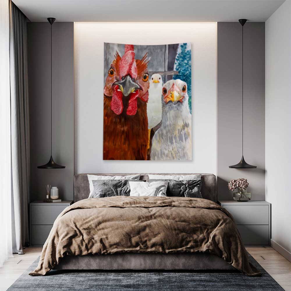 Horoz ve Tavuk Portreli Sanatsal Duvar Örtüsü 4760