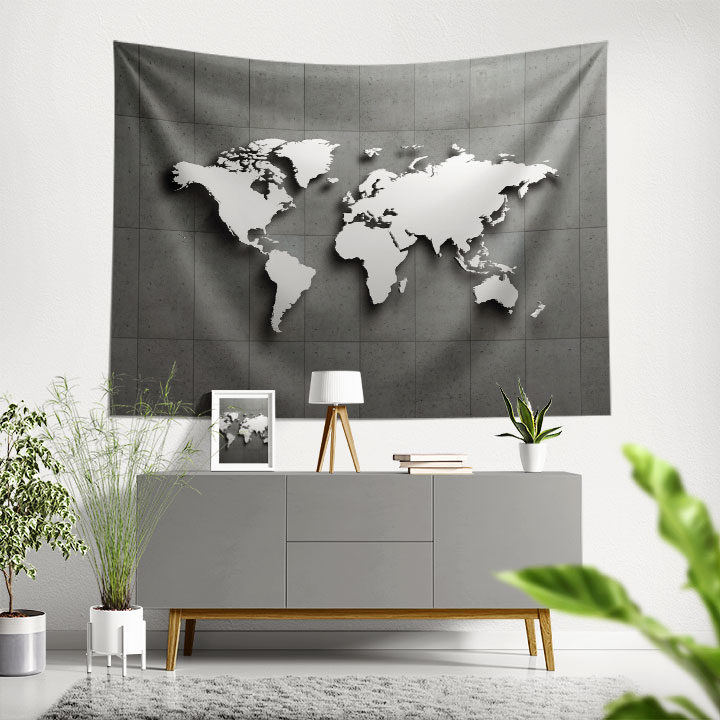 Beton Zemin Üzerinde 3D Silüet Dünya Haritası Duvar Örtüsü 5149