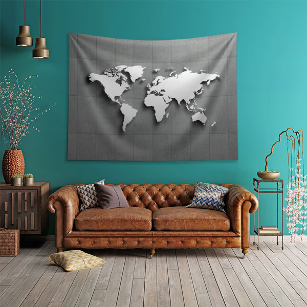 duvar-dekorasyonu-5149-01 Beton Zemin Üzerinde 3D Silüet Dünya Haritası Duvar Örtüsü 5149