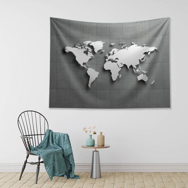 duvar-dekorasyonu-5149-03 Beton Zemin Üzerinde 3D Silüet Dünya Haritası Duvar Örtüsü 5149