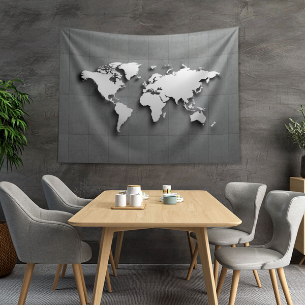 duvar-dekorasyonu-5149-04 Beton Zemin Üzerinde 3D Silüet Dünya Haritası Duvar Örtüsü 5149