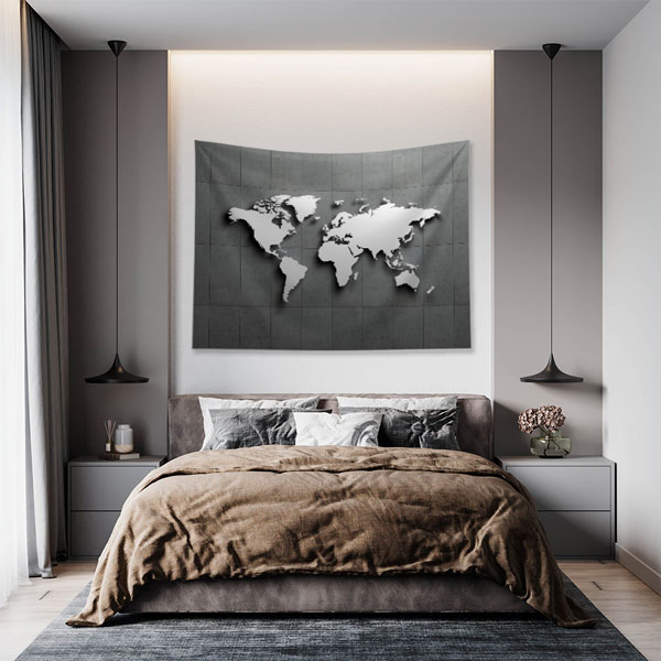 duvar-dekorasyonu-5149-05 Beton Zemin Üzerinde 3D Silüet Dünya Haritası Duvar Örtüsü 5149