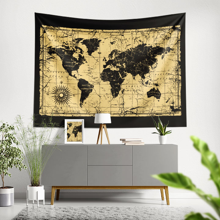 Siyah Zemin Vintage Eskitme Dünya Haritası Duvar Örtüsü 5152