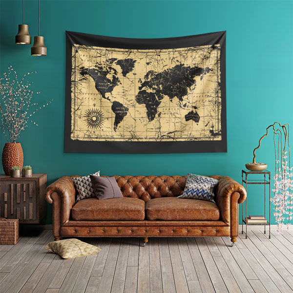 Siyah Zemin Vintage Eskitme Dünya Haritası Duvar Örtüsü 5152