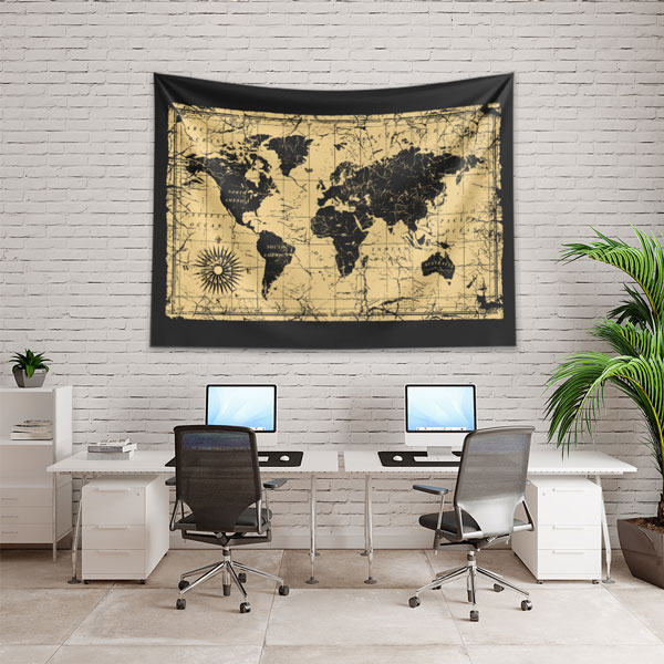 Siyah Zemin Vintage Eskitme Dünya Haritası Duvar Örtüsü 5152