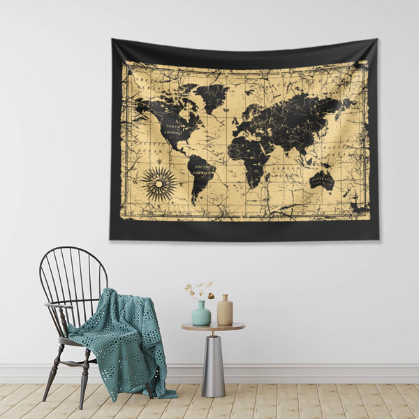Siyah Zemin Vintage Eskitme Dünya Haritası Duvar Örtüsü 5152