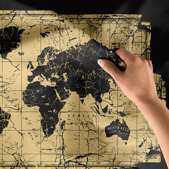 Siyah Zemin Vintage Eskitme Dünya Haritası Duvar Örtüsü 5152