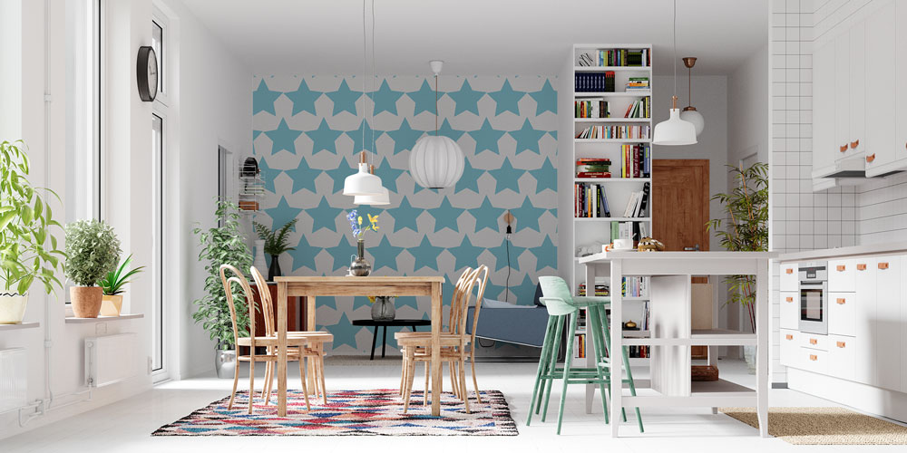 Mavi Beyaz Yıldız Desenli Geometrik Duvar Kağıdı 5224