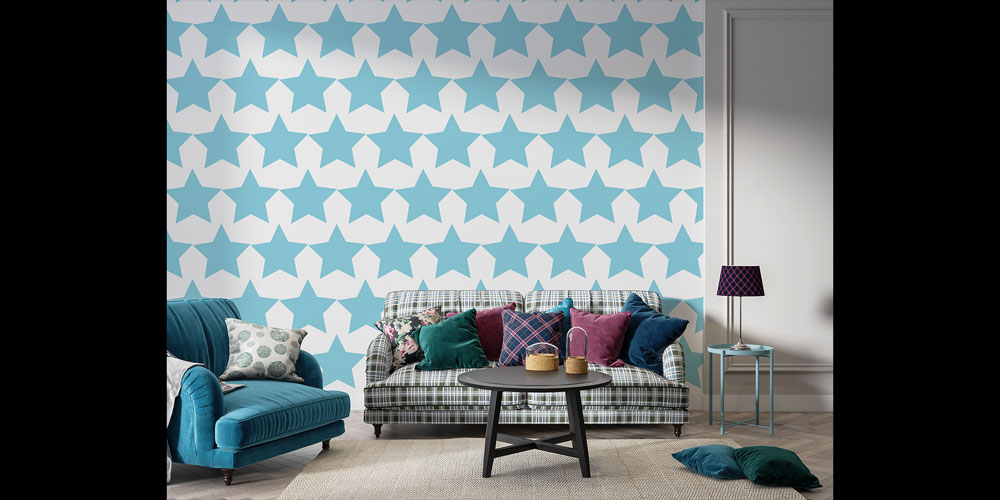 Mavi Beyaz Yıldız Desenli Geometrik Duvar Kağıdı 5224