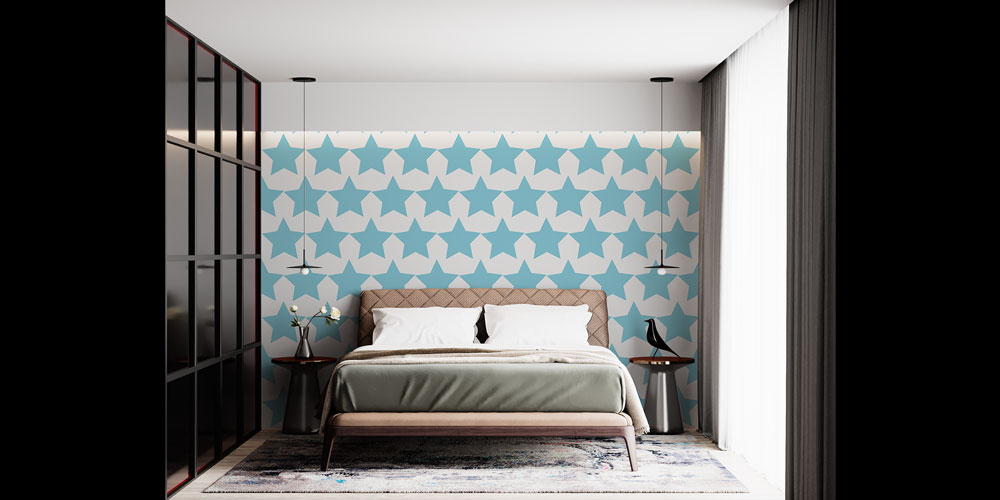 Mavi Beyaz Yıldız Desenli Geometrik Duvar Kağıdı 5224