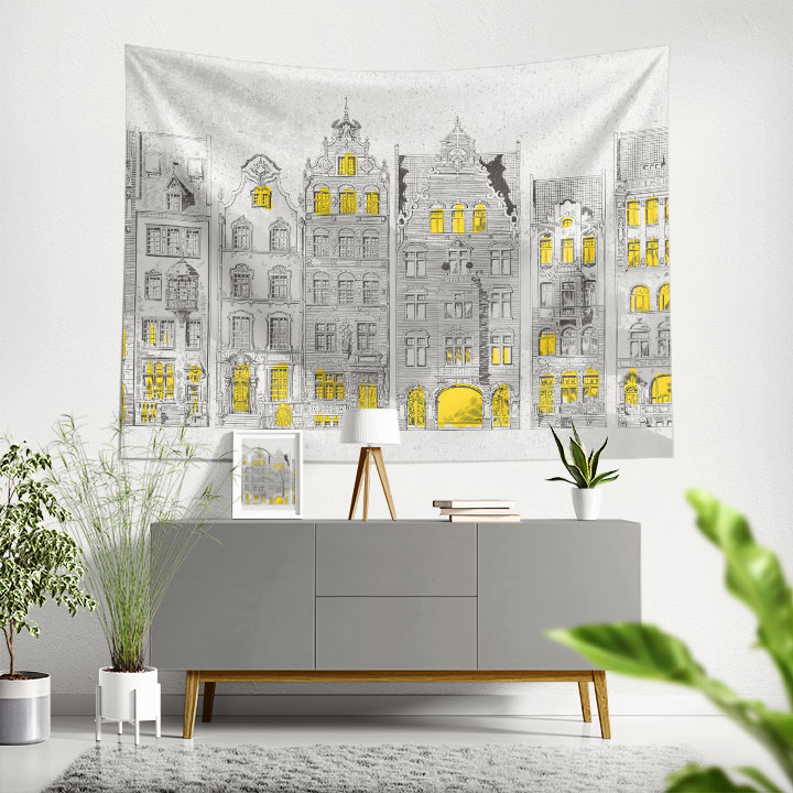 Tarihi Avrupa Mimarisi Çizimli Duvar Örtüsü Kumaş Baskı 5607