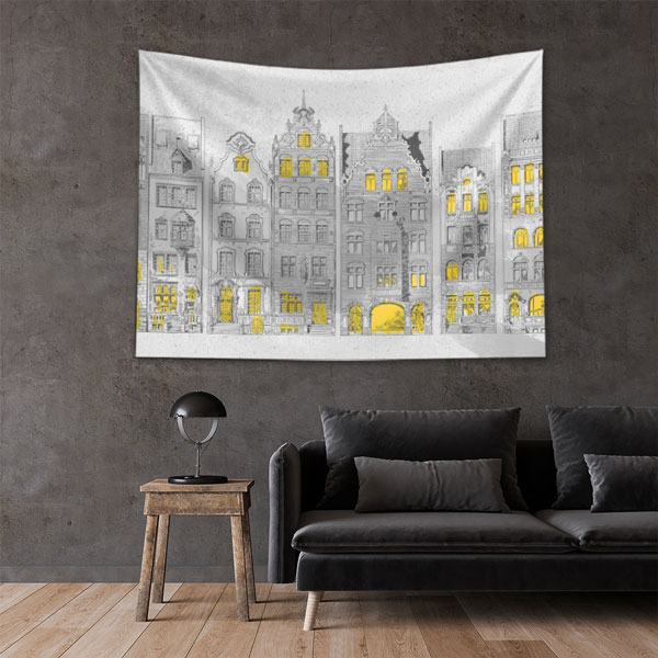 Tarihi Avrupa Mimarisi Çizimli Duvar Örtüsü Kumaş Baskı 5607