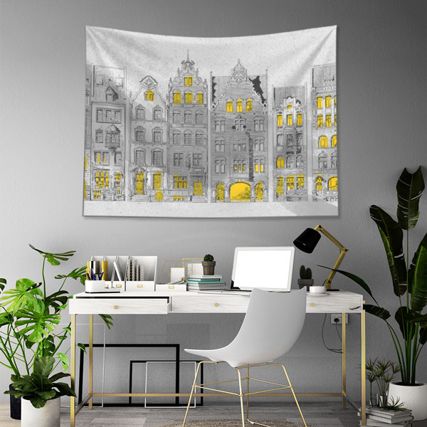 Tarihi Avrupa Mimarisi Çizimli Duvar Örtüsü Kumaş Baskı 5607