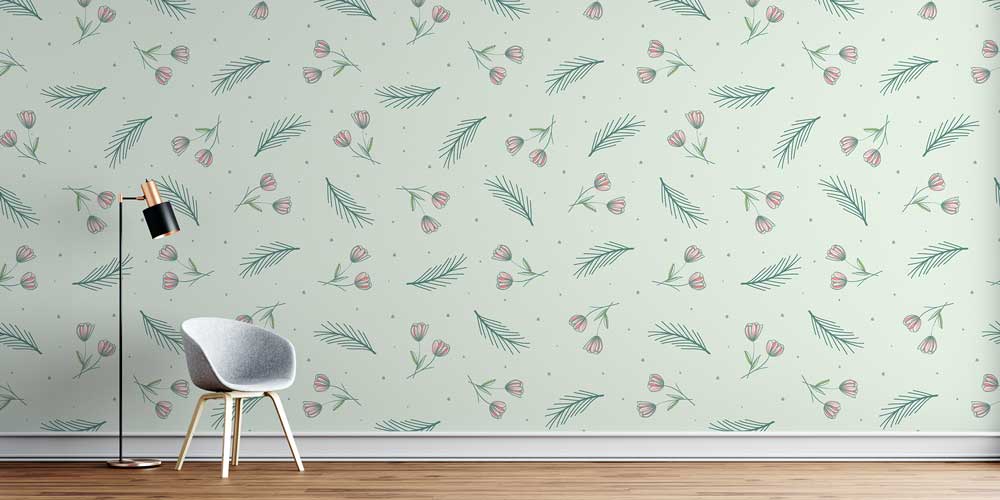 Minimal Yaprak ve Tomurcuk Desenli Ferah Botanik Duvar Kağıdı 4273