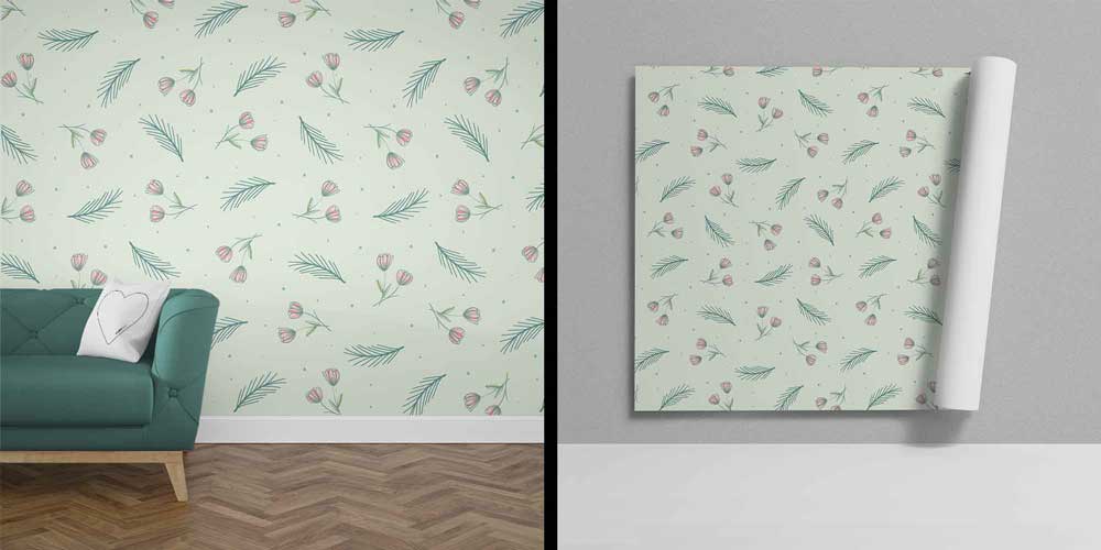 Minimal Yaprak ve Tomurcuk Desenli Ferah Botanik Duvar Kağıdı 4273