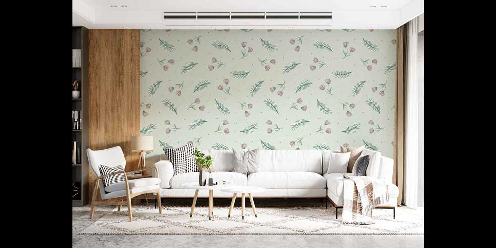 Minimal Yaprak ve Tomurcuk Desenli Ferah Botanik Duvar Kağıdı 4273