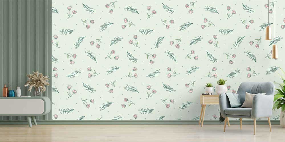 Minimal Yaprak ve Tomurcuk Desenli Ferah Botanik Duvar Kağıdı 4273