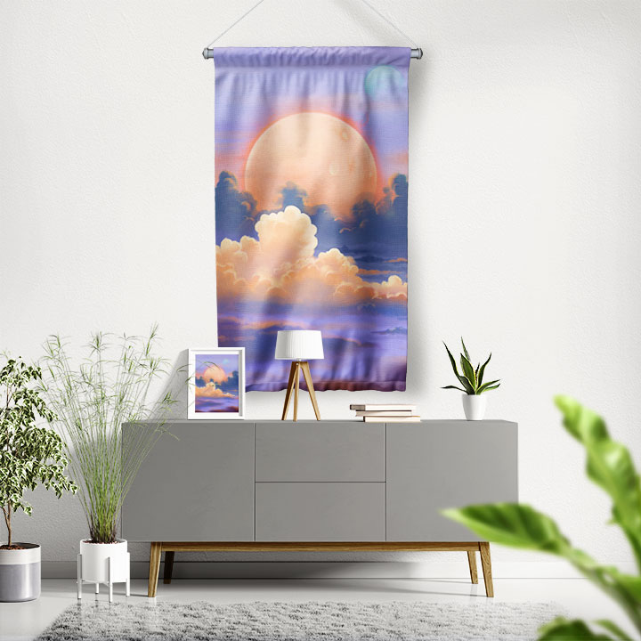 Ay ve Bulut Manzarası Dekoratif Duvar Flaması 4372