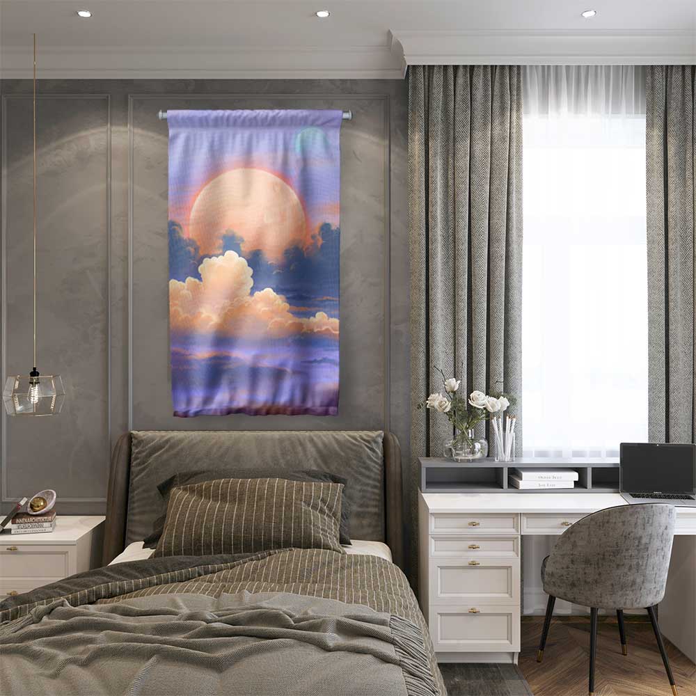 Ay ve Bulut Manzarası Dekoratif Duvar Flaması 4372