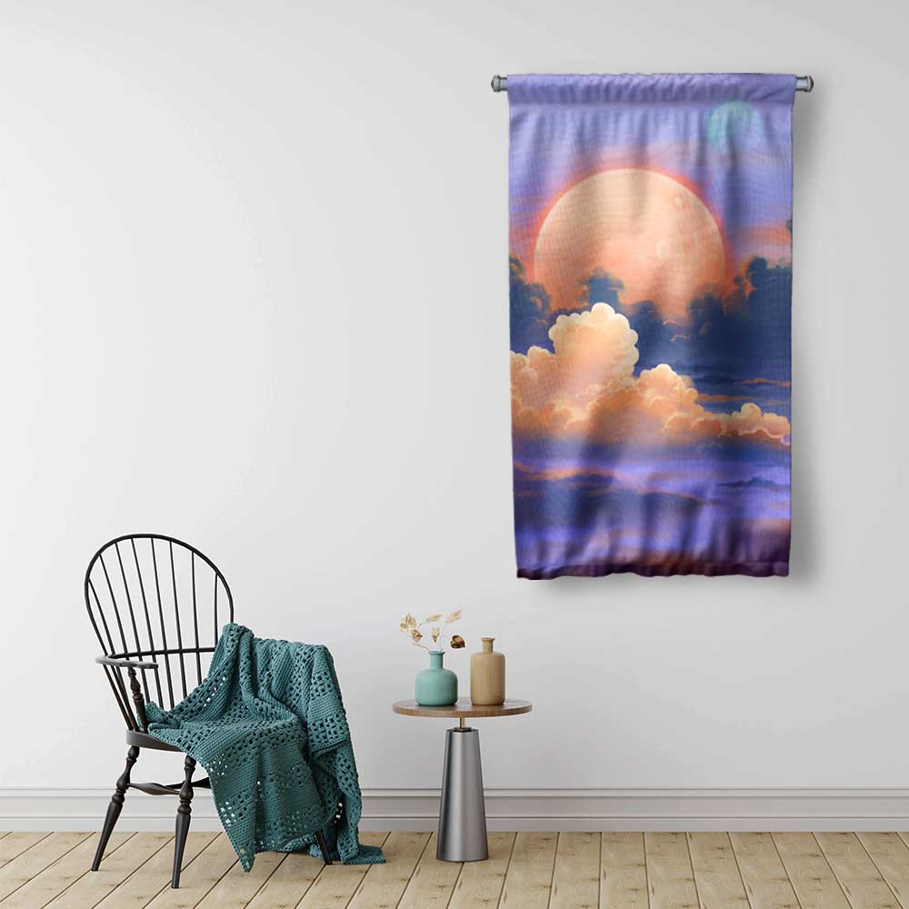 Ay ve Bulut Manzarası Dekoratif Duvar Flaması 4372