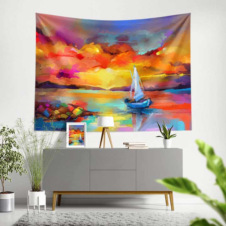 Renkli Yelkenli Gün Batımı Manzara Duvar Örtüsü 4424