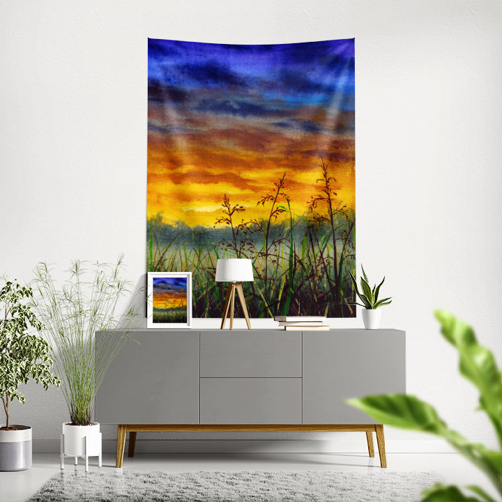 Gün Batımı Çayır Silüeti Manzara Duvar Örtüsü 4441