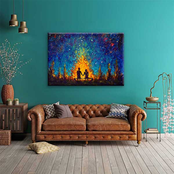 duvar-dekoru-4458-02 Yıldızlı Gece Kamp Ateşi Romantik Kanvas Tablo 4458