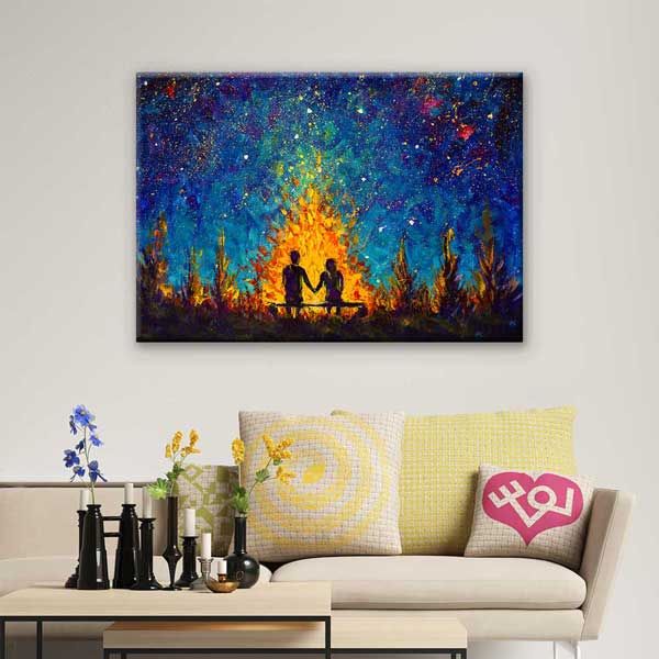 duvar-dekoru-4458-03 Yıldızlı Gece Kamp Ateşi Romantik Kanvas Tablo 4458