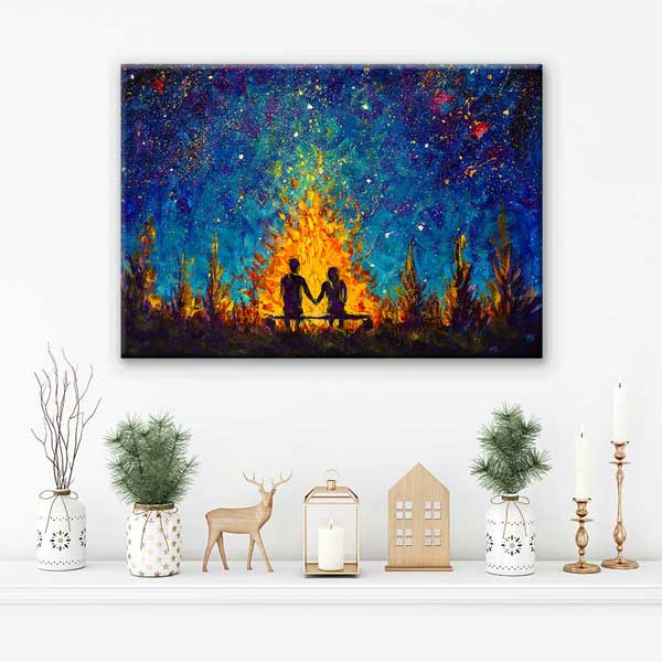 duvar-dekoru-4458-04 Yıldızlı Gece Kamp Ateşi Romantik Kanvas Tablo 4458
