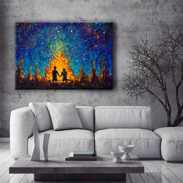 duvar-dekoru-4458-06 Yıldızlı Gece Kamp Ateşi Romantik Kanvas Tablo 4458