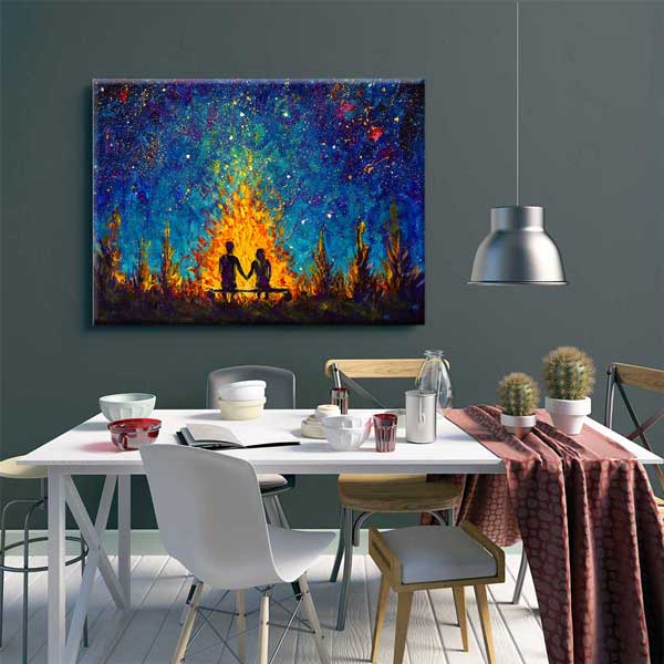 duvar-dekoru-4458-07 Yıldızlı Gece Kamp Ateşi Romantik Kanvas Tablo 4458