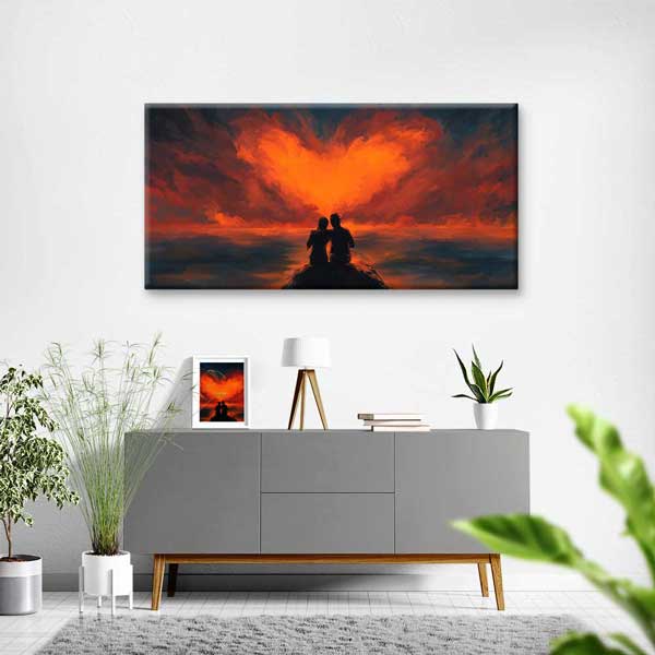 Kalp Şeklinde Gün Batımı Romantik Kanvas Tablo 4466
