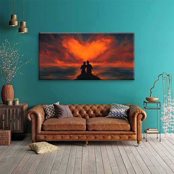 Kalp Şeklinde Gün Batımı Romantik Kanvas Tablo 4466