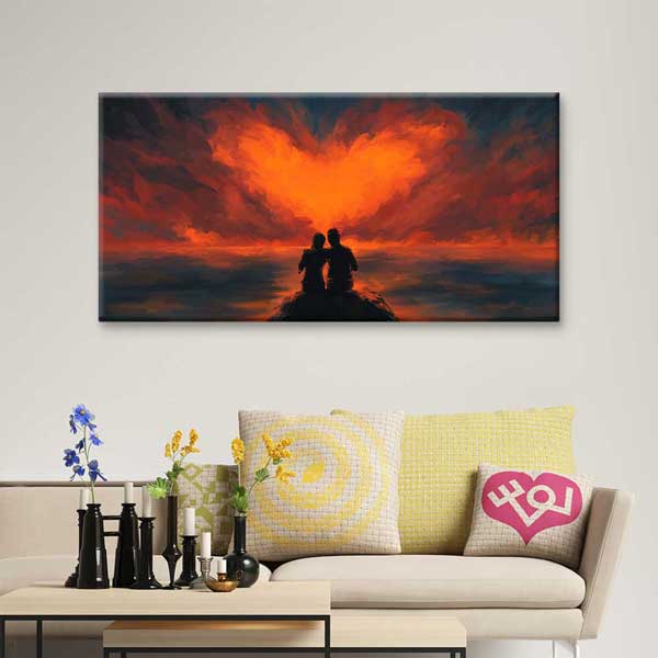 Kalp Şeklinde Gün Batımı Romantik Kanvas Tablo 4466